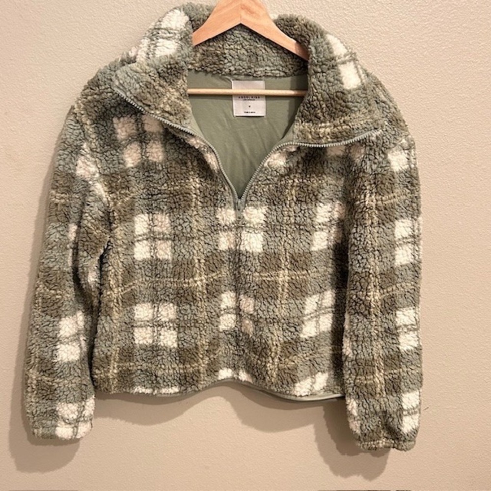 Plaid Sherpa Sage Green Quarter Zip Women's Pullover Size Medium